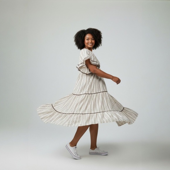 Polagram Dresses & Skirts - Polagram Womens 3XL Cream Brown Stripe Tiered Midi Dress Puff Sleeve PSD5124-X